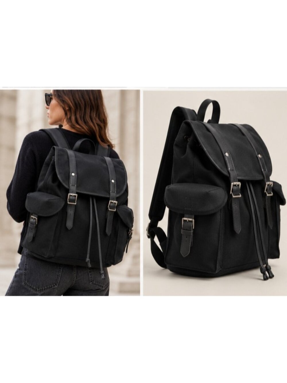 Banana Republic Black Cotton Canvas Leather Trim Utility Backpack